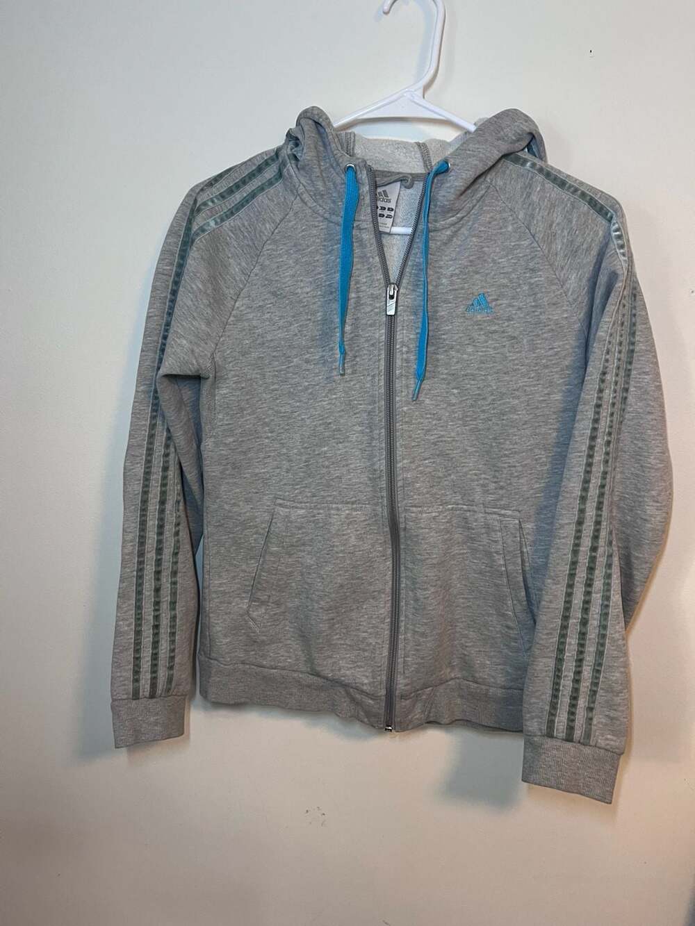 Adidas Essentials Grey Zip Up Hoodie with Turquoise Drawstrings and Velvet Strip